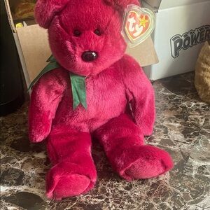 Ty Burgundy Plush Bear with Green Ribbon